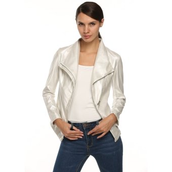 Cyber Ladies Women Full Sleeve Asymmetrical Leather Jacket Coat turn-down collar ( Silver ) - intl  