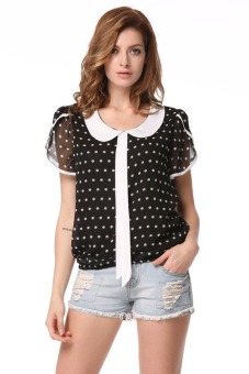 Cyber Lady Women Plus Sizes Summer Casual Chiffon Shirt Polka Dot Doll Collar Top ( Black )  