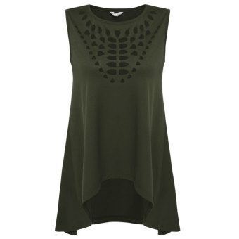 Cyber Meaneor Women Casual O-Neck Sleeveless Hollow Out Irregular Hem Solid Loose Tank Tops(dark green)  