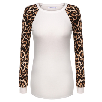 Cyber Meaneor Women Fashion Casual Raglan Long Sleeve Leopard Patchwork T-Shirt Blouse Tops (White)  