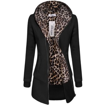 Cyber Meaneor Women Hooded Fleece Leopard Pattern Zip Long Outwear Hooded Jacket ( Black )  