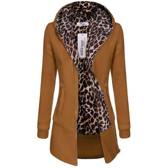 Cyber Meaneor Women Hooded Fleece Leopard Pattern Zip Long Outwear Hooded Jacket ( Brown )  