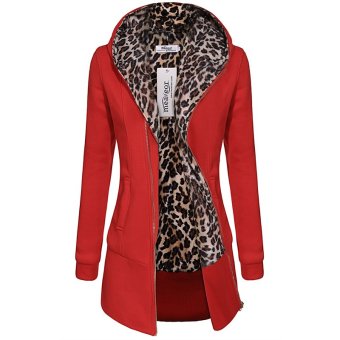 Cyber Meaneor Women Hooded Fleece Leopard Pattern Zip Long Outwear Hooded Jacket ( Red )  