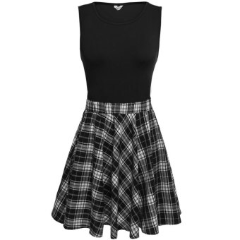 Cyber Meaneor Women Retro O-Neck Sleeveless Plaid Patchwork A-Line Short Dress(black) - intl  