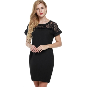 Cyber Meaneor Women Summer Short Sleeve Lace Patchwork Mini Straight Dress (Black)  