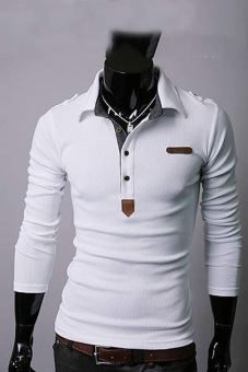 Cyber Men Long Sleeve Lapel Button Tunic Button Tops/Tee Shirts Casual Fit T-Shirts ( White )  