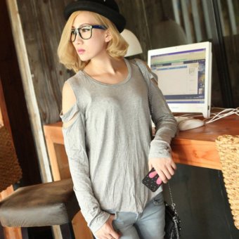 Cyber New Fashion Women's Slim Solid Long Sleeve O-neck Long Tops Blouse Shirt (Grey)  