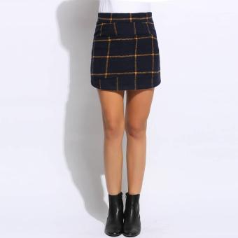 Cyber Sexy Women High Waisted Plaid Pocket Wool Blend Pakage Hip Mini Skirt ( Navy Blue ) - intl  