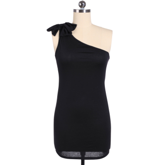 Cyber Sexy Women One Shoulder Bowknot Solid Pencil Dress Sleeveless Bodycon Mini Party Dress ( Black )  