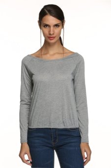 Cyber Stylish Women Casual Long Sleeve Round Neck Backless T-Shirt Blouse (Grey)  