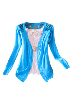 Cyber Women Candy Color Floral Lace Hollow Thin Knitting Long Sleeve Casual Cardigan Sky Blue  