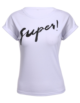 Cyber Women Casual Round Neck Batwing Short Sleeve Letter Print Loose Tops T Shirt ( White )  