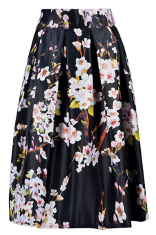 Cyber Women Elegant Flower Print Midi Skirt (Black)  