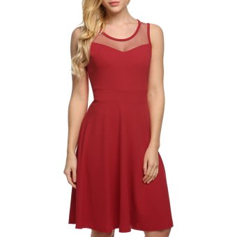 Cyber Women Lady Sleeveless Mesh Patchwork High Waist Pleated Casual Party Cocktail Knee Length Dress (Red) (Intl) - intl  