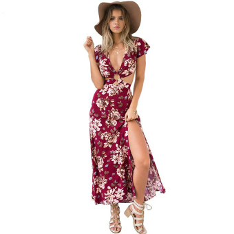 Cyber Women Retro Sexy Deep V Neck Short Sleeve High Waist Backless Floral Split Maxi Dress ( Silver )  