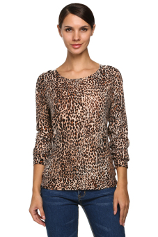 Cyber Women Sexy Long Sleeve Leopard Backless Lace Decor Casual T-Shirt (Leopard)  