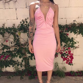 Cyber Women Sexy Slim Deep V Neck Sleeveless Backless Stretch Solid Pencil Dress ( Pink ) - intl  