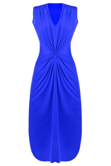 Cyber Women Sexy V-Neck Sleeveless Stretch Bodycon Draped Package Hip Party Midi Dress Blue  