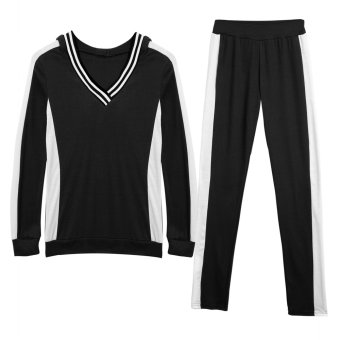 Cyber Women Sports Yoga Gym Track Suit Long Pants and V-neck Hoodie Sweatshirt Set (Black)  