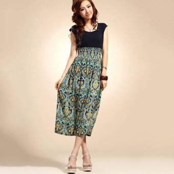 Cyber Women Vintage Sleeveless Cotton chiffon High Waist O-neck Floral Print Casual Dress Party Dresses ( Blue )  