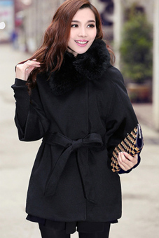 Cyber Women's Warm Thickening Faux Fur Collar Casual Loose Hooded Overcoat (Black)  