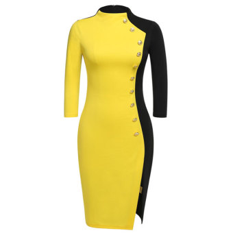 Cyber Zeagoo 3/4 Sleeve Button Patchwork Side Split Bodycon Dress (Yellow)  