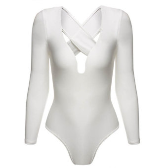 Cyber Zeagoo Deep V-Neck Cross Bandage Bodycon Bodysuit Jumpsuit (White)  