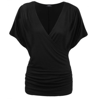Cyber Zeagoo V-Neck Short Sleeve Solid Twist Knot Front Blouse Tops (Black)  