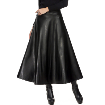 Cyber Zeagoo Women Fashion Faux Leather High Waist Pleated Swing Maxi Skirt (Black) - intl  