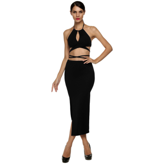 Cyber Zeagoo Women Lady Solid Club Beach Dress Set Halter Strap Backless Bandage Crop Top + Long Slit Bodycon Dress (Black) - intl  