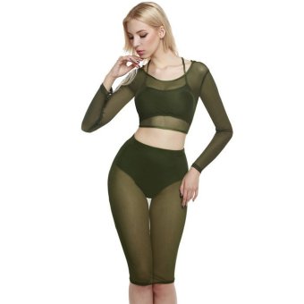 Cyber Zeagoo Women See Through Sheer Mesh Three Piece Backless Crop Top Dress Sets(green)  