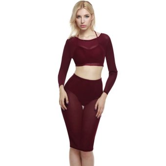 Cyber Zeagoo Women See Through Sheer Mesh Three Piece Backless Crop Top Dress Sets(wine red)  