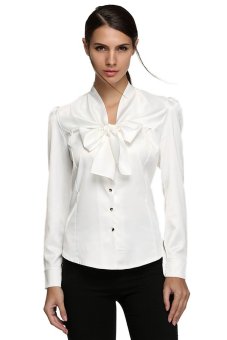 Cyber Zeagoo Women Slim V Neck Button Down Long Sleeve Bow Solid Wear to Work Shirt ( White )  