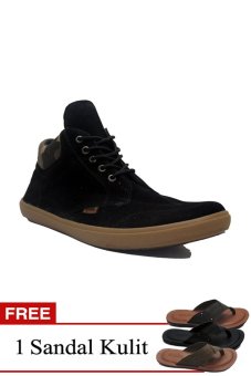 D-Island Shoes Kets High Loafers Simple Suede - Hitam + Gratis 1 Sandal Kulit  