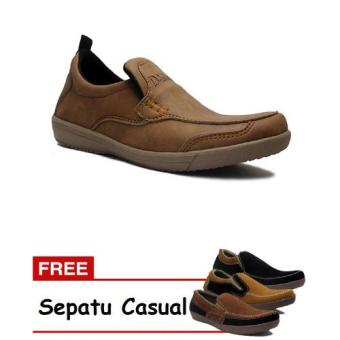 D-Island Shoes Slip On Driving Comfort Leather Soft Brown + Free Sepatu Casual  