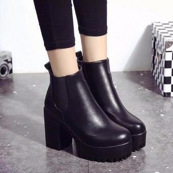 D89 Women's Lady New Patch PU Leather Zip Ankle Boots High Heeled Shoes Fashion?Black? - intl  