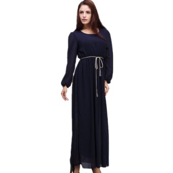 Daily Long Chiffon Muslim Dress with Belt (Navy Blue) (Intl)  