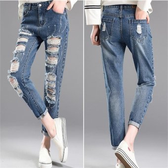 dark Blue Denim Destroyed Washed Slim Jeans Korea Fashion High Waist Sculpt Butt Lifting Pencil Jeans