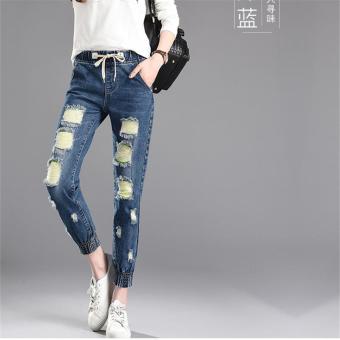 Dark Blue Korean Women Summer Pants Holes Casual Trousers for Ladies Ripped Mid Waist Drawstring Skinny Denim Calf Length Jeans - intl  