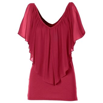 deep V-neck chiffon stitching shawl stretch top woman red (Intl)TC  