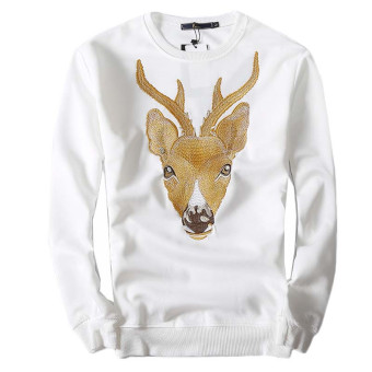 Deer Printed Long Sleeve Men Pullover Sweatshirt (White)  