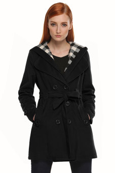 Double Breasted Hooded Fleece Belted Long Jacket Outwear Tweed Coat (Black) - intl  