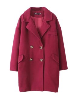 Double Breasted Notched Collar Thicken Loose Coat (Wine Red)  
