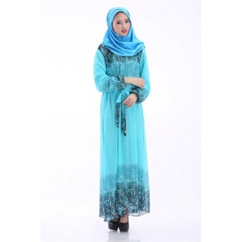 Double Layer Thick Chiffon Long Maxi Dress with Sash Belt (Sky Blue)  