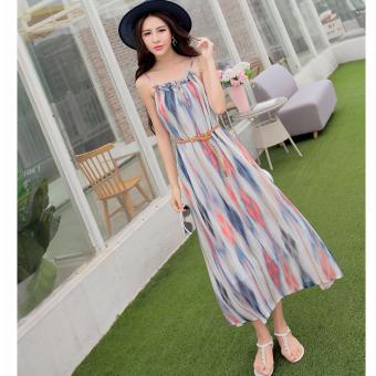 DR009 Women's sleeveless spaghetti strap chiffon stripe print tie-dyeing maxi long dress S M L XL XXL - intl  