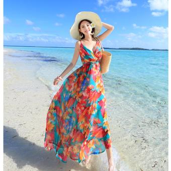 DR075 Women's spaghetti strap sexy v-neck floral print beach maxi long chiffon dress S M L -intl  