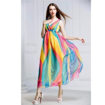 DR133 Women's spaghetti strap v-neck gradient rainbow print chiffon sleeveless maxi long dress S M L - intl  