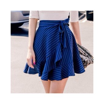 DR216 Women's high waist lacing bandage bow stripe asymmetric ruffles mermaid short mini skirt One size - intl  