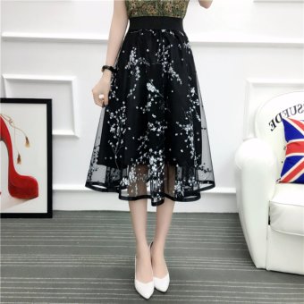 DR217 Women's high elastic waist flowers print organza gauze midi long ball gown bubble skirt One size - intl  