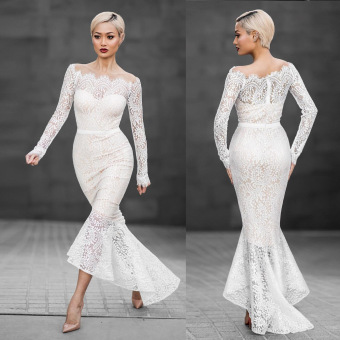 Dress Fashion Sexy Dress Wedding Dress Slash Neck Lace Sleeve Mermaid Fishtail Skirt High Quality Personality For Beauty Party Night Club(White) - intl  